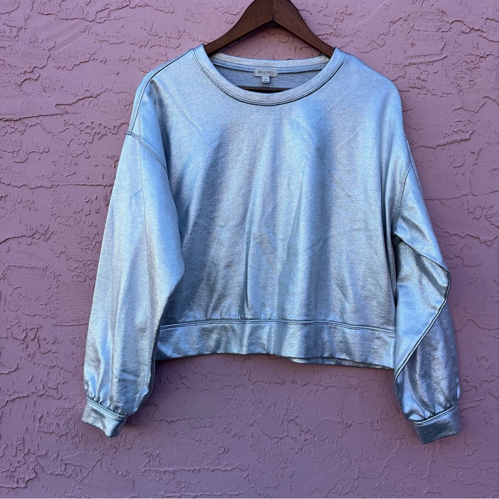 Pilcro Anthropologie Metallic Silver Pullover Sweatshirt Top Size MP